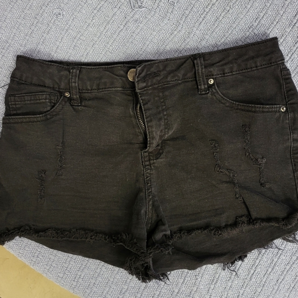 Distressed Black Denim Shorts